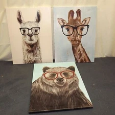 Bear, Llama and Giraffa with Glasses Canvas Painting Set of 3