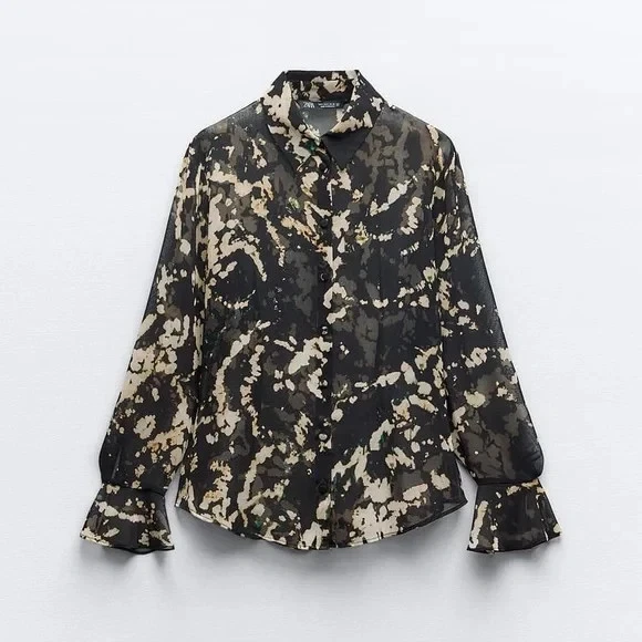 ZARA BLUSA SEMI TRANSPARENTE ESTAMPADA GASA MANGA LARGA ACAMPANADA 8602/201 MEDIANA NUEVA CON ETIQUETAS Foto 4 de 4