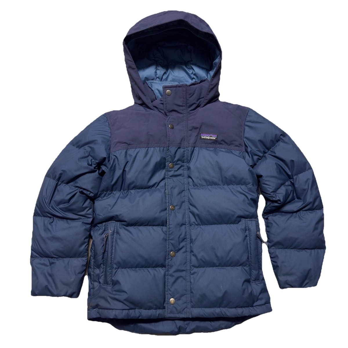 Patagonia Bivy Down Hoody Jacket Boys S 7–8 Blue Puffer Full Zip