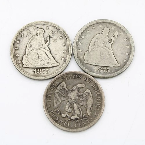 1875-P & 1875-S 20C Seated Liberty Twenty Cent US Silver Coin NR Lot of 3 C886-5