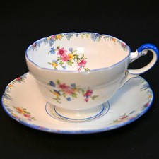 Paragon Cup & Saucer Footed Haddon Hall F1947 Floral Sprays Blue Trim 1935-1938