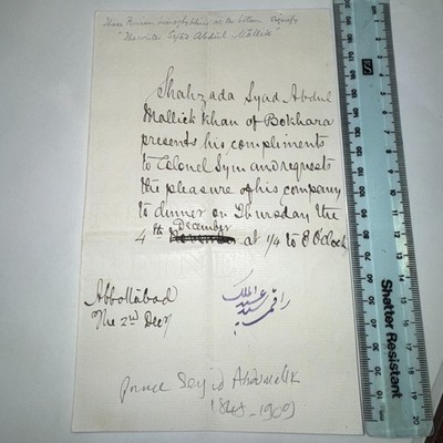 Prince Syed Abdul Malik of Bokhana ALS Autograph Letter 1937 Abbottabad Pakistan