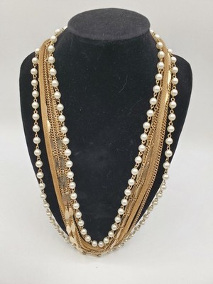 Vtg Goldtone 9 Layer Faux Pearl 24'' Necklace