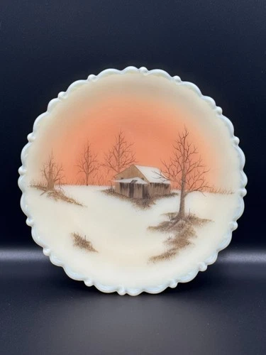 Fenton Custard Satin Glass Sunset Plate Vintage Hand Painted and Artist SIgned