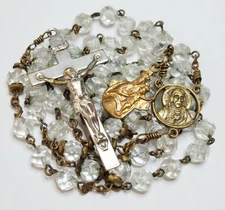 Vintage Catholic Rosary Clear Faceted Glass Beads Crucifix Sacred Heart