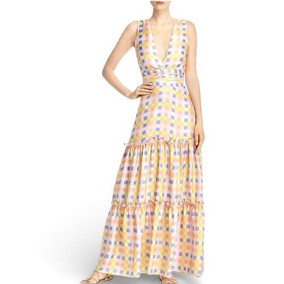 Paper London Silk Tiered Sleeveless Maxi Dress Size 8 Pastel Gingham V-Neck