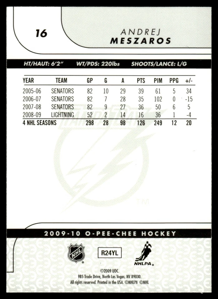 2009-10 O-Pee-Chee RAINBOW FOIL Andrej Meszaros Tampa Bay Lightning #16 - Image 2 of 2