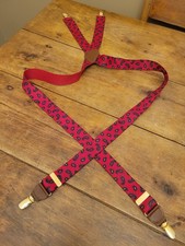 VTG CAS Suspenders W-Germany Red Blue Paisley Leather Button Braces Brass