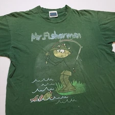 Vtg Mr. Fisherman Decotex T-Shirt Mens L Green Cartoon USA 90s I64