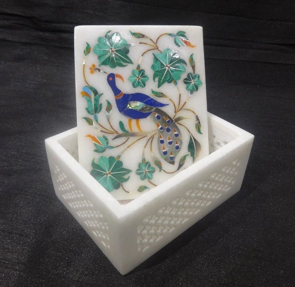 Marble jewelry ring Box semi precious stones floral Inlay decor - Image 2 of 4