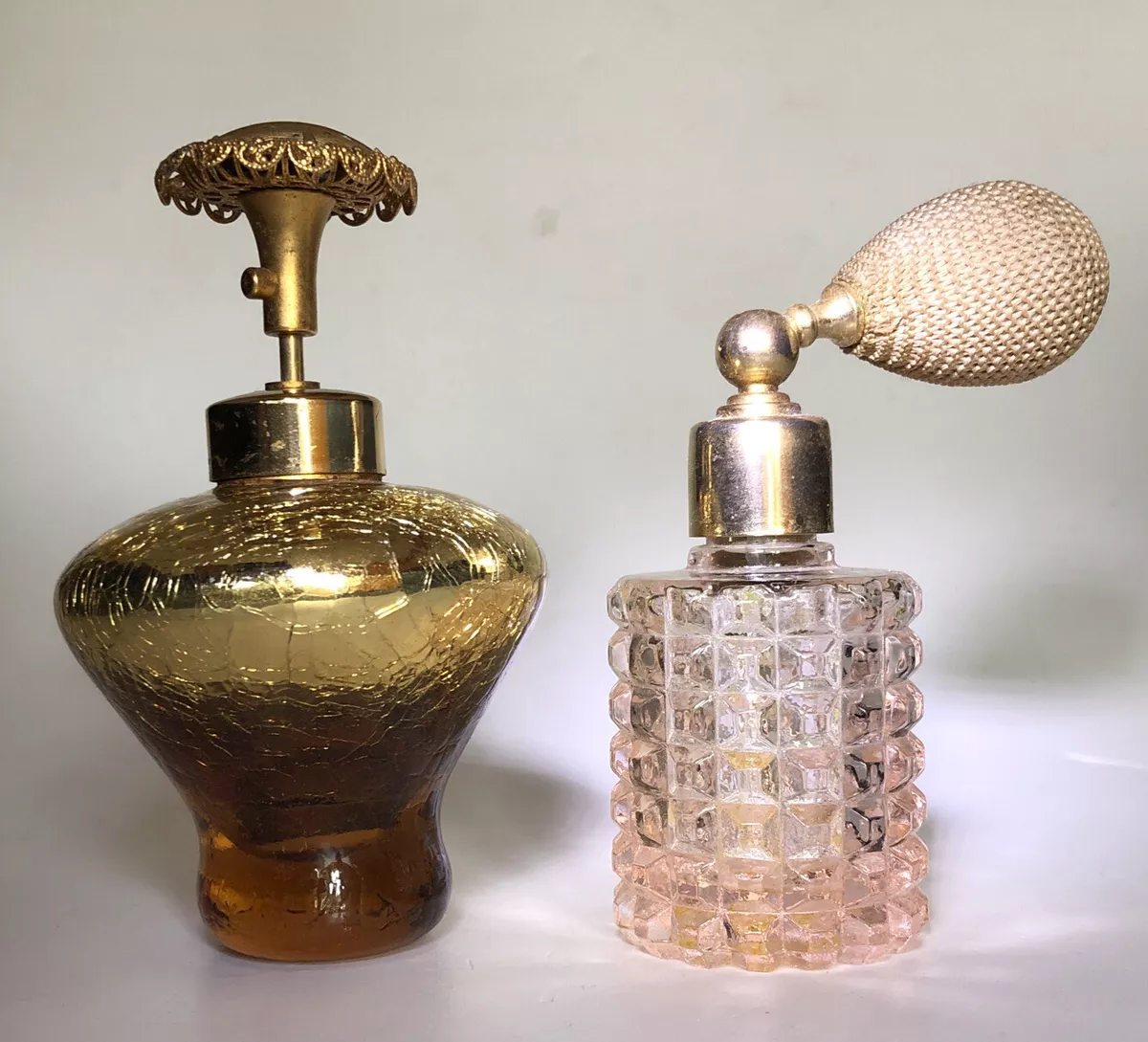 2 Vintage Perfume Bottles empty Clear Crystal Glass And Gold Glass Atomizers