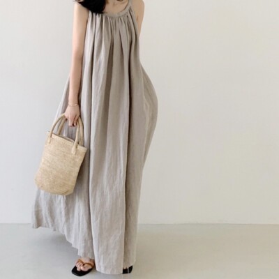 Women's Strappy Cami Midi Dress Loose Swing Sleeveless Retro Boho Beach Black