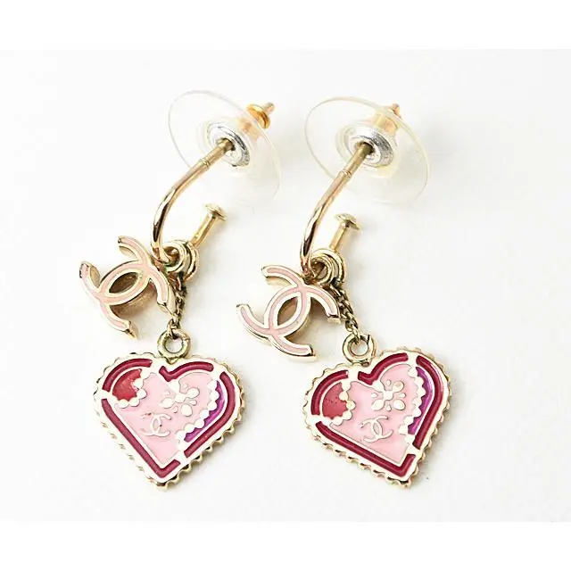 CHANEL Resin Crystal Pearl Chain Heart CC Drop Earrings Pink White