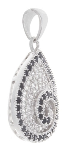 Sterling Silver Womens CZ & Black Onyx 25mm x 14mm Teardrop Shaped Pendant - Picture 2 of 3