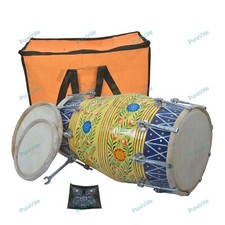 Indian Musical Instrument Printed  Handmade Folk Nut & Bolt Dholak With Bag