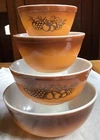 Vintage Pyrex Old Orchard 4 Nesting Bowl Set Brown/Gold 404, 403, 402 & 401