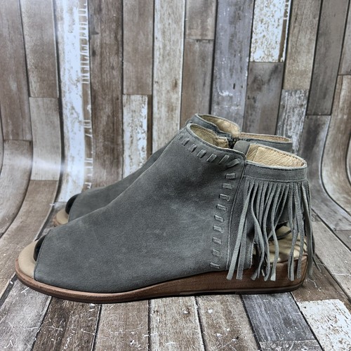 Gee WaWa Anthro Sandals Shoes Suede Women 9 Gray Open Toe Fringe Zip Up Slip On - Picture 4 of 16