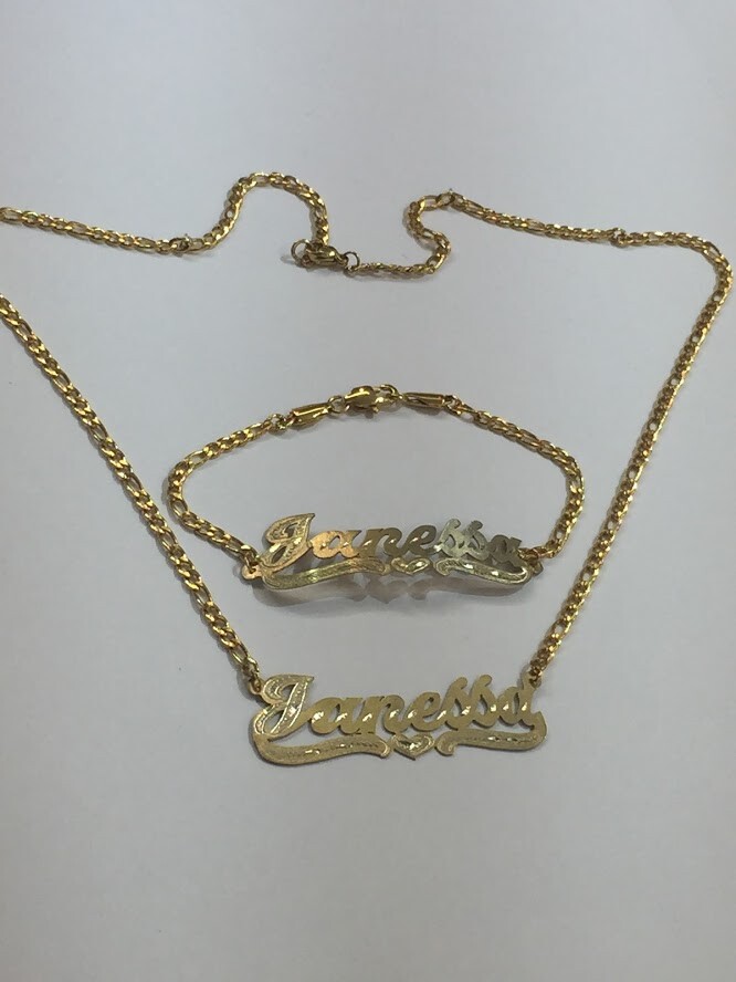 Personalized 14k gold overlay Name Necklace and bracelet set /yellow