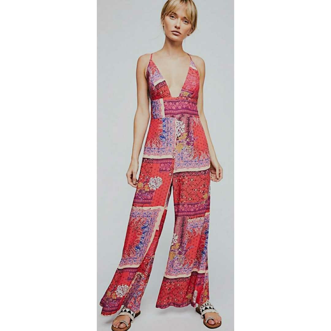 Free People Margarita Floral Paisley Jumpsuit Size Xs Pink Wide Leg 