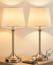 Bedside Lamps Set of 2, 21.3" Silver Bedside Table Lamps for Bedroom with Lin...