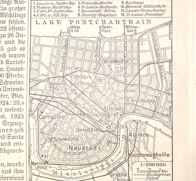 Alte Lithographie, New Orleans, ca. 1920, Stadtkarte, Louisiana, Mississippi, US