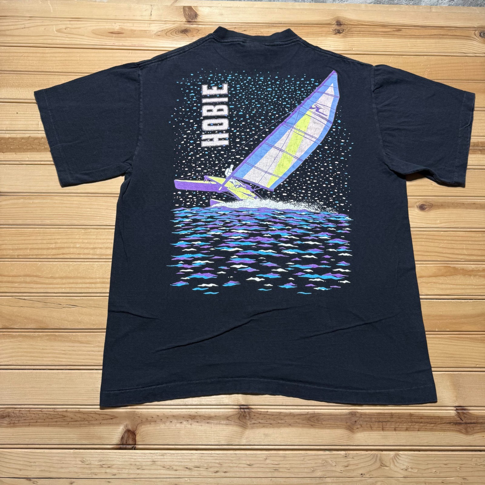 Vintage 90s Hobie Cat Catamaran Sailing Neon Beach Graphic T-Shirt USA - Large