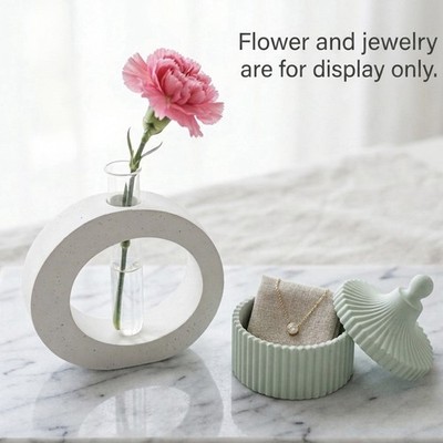 Modern Concrete Minimalist Decor Set - Round Bud Vase & Fluted Trinket Box