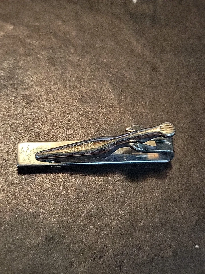 Clip de corbata vintage Swank tono plata con acento dorado clásico mediados de siglo Foto 3 de 4