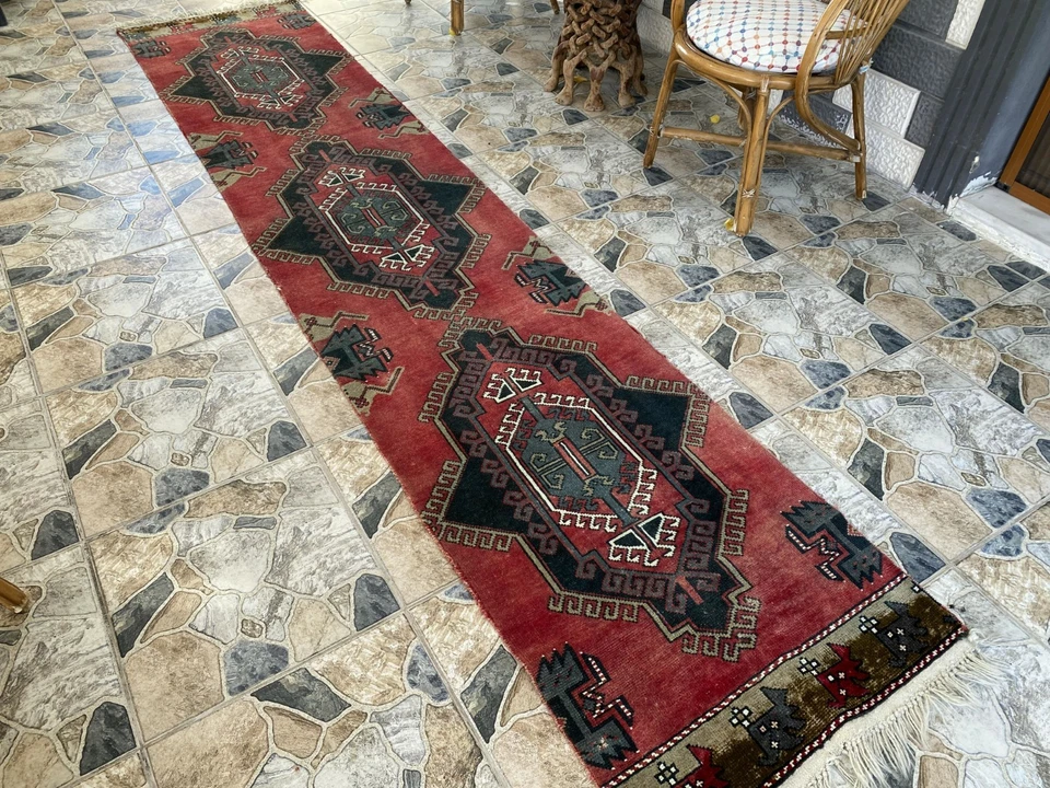 1970s Geometric Turkish Vintage Runner, Tribal Handmade Anatolian Rug 2.3 × 11.5 - Image 3 of 4