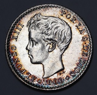 1900 Spain 50 Centimos Alfonso XIII Silver Coin Toned Unc KM# 705