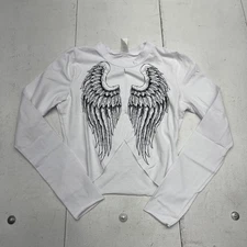 Angel Wings Shirt Womens Small White Long Sleeve Crop Graphic Top Y2K Aesthetic