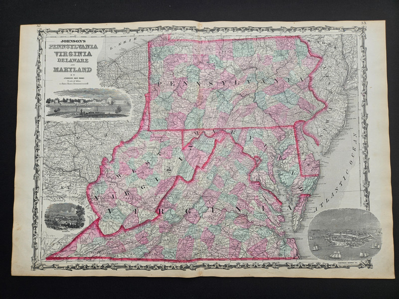 1863 Johnson Atlas Antique Map Virginia Early West VA Pennsylvania 100% Genuine