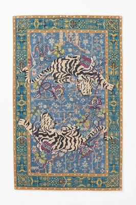 Handmade Wool Tufted Rug Agnes Design Blue Oriental Tiger Pattern Decor