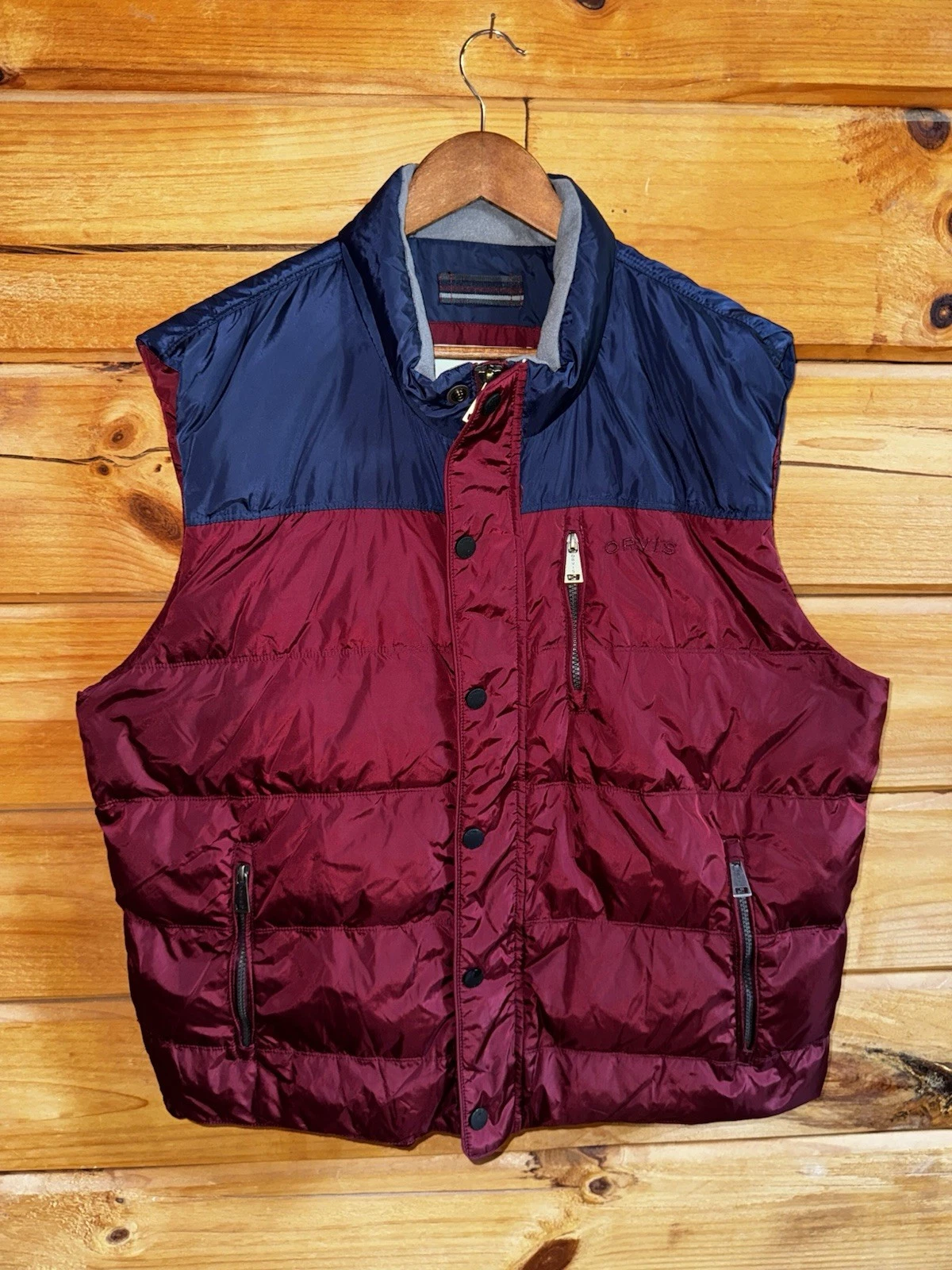 Orvis Mens Puffer Vest Red Blue XL Outdoor Hiking Duck Down Casual Full Zip