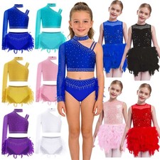 Kid Girls Jazz Latin Rhinestones Irregular Crop Top with Feather Briefs Costume