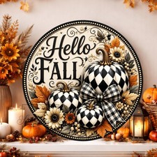 Hello Fall Pumpkin Checked Harlequin Round Sign: Black White Metal Wreath Decor