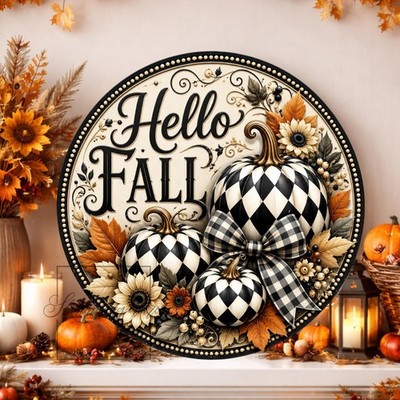 Hello Fall Pumpkin Checked Harlequin Round Sign: Black White Metal Wreath Decor