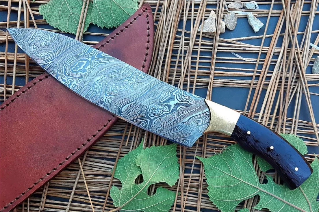 12” Damascus Steel Chef Knife, Full Tang Kitchen Knife with Wood Handle & Sheath