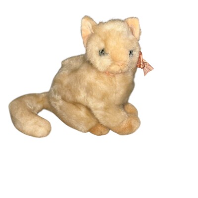 VTG FAO Schwarz Tan Buff Cat Plush  Stuffed Animal Toy with Bow Blue Eyes