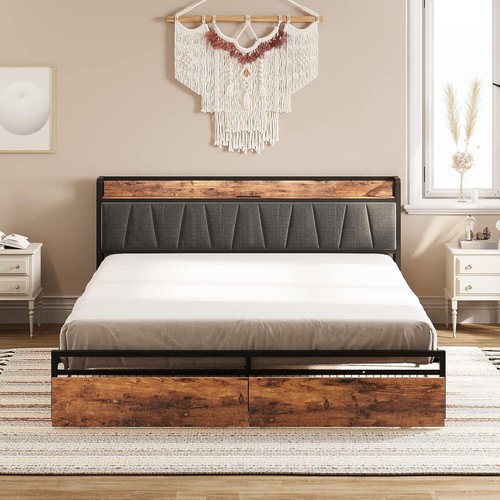 King Size Bed Frame with Storage Headboard & Charging Station, Vintage Style New - Picture 8 of 9
