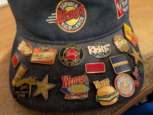 Wendy's Fast Food Visor with 12 Lapel Pins Employee Month Training Store Biggie