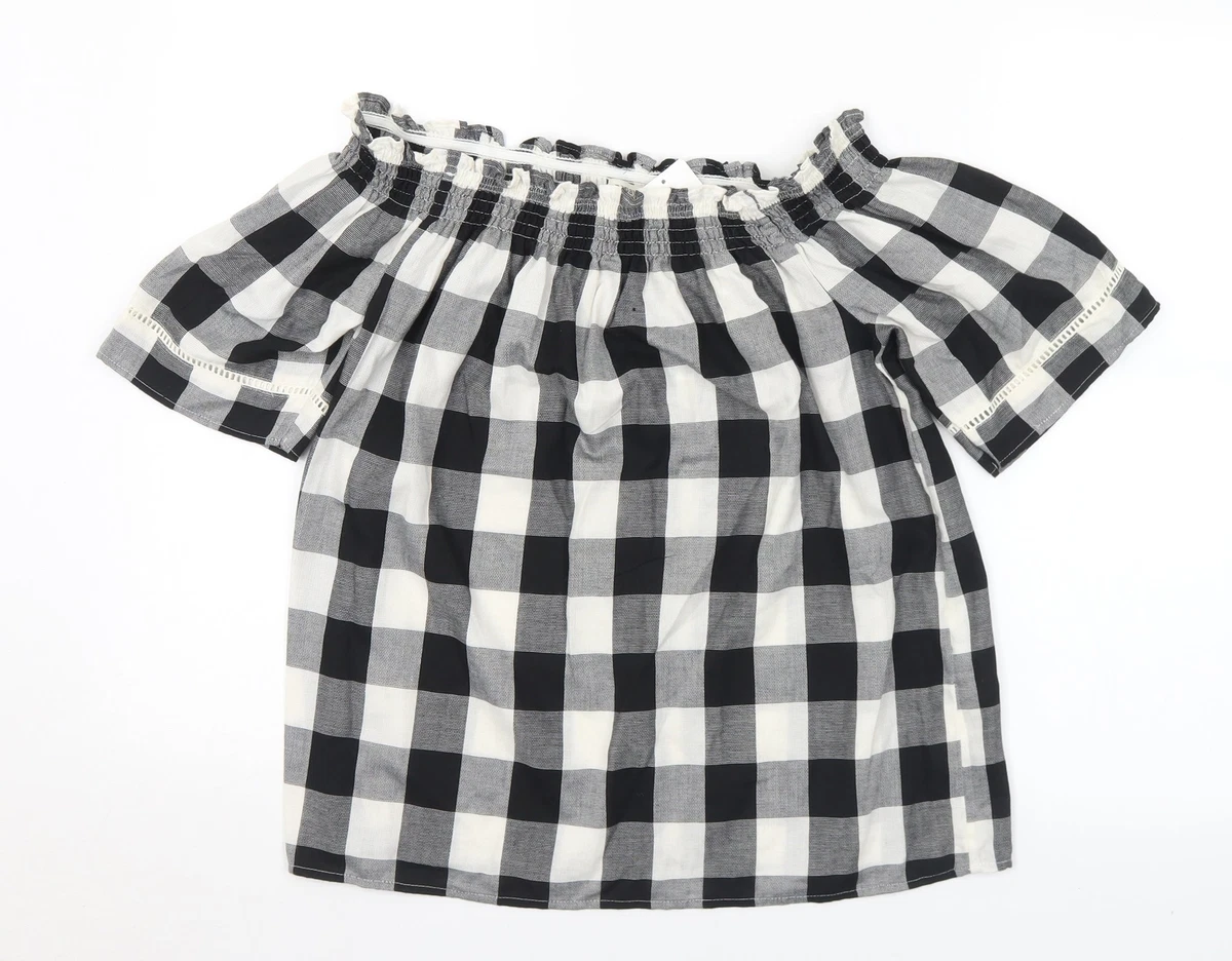 Matalan Womens Black Check Polyester Basic T Shirt Size 10 Off the Shoulder