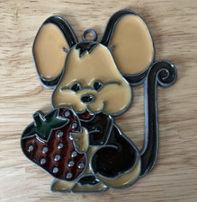 Vintage Stained Glass Suncatcher Ornament Big Eared Mouse And Strawberry