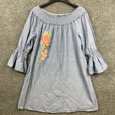 Mlle Gabrielle Woman XL Blue Scoop Neck Flowers Bell 3/4 Sleeve A-Line Dress