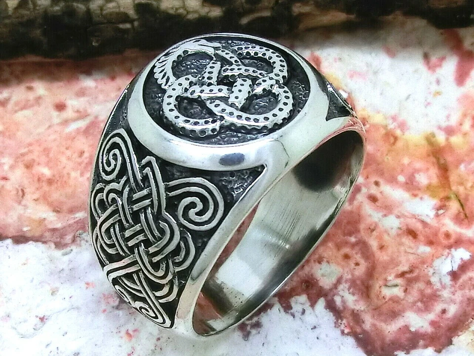 Anello Sigillo Drago Serpente In Argento Sterling 925 Nodo Celtico Ouroboros - Immagine 2 di 4