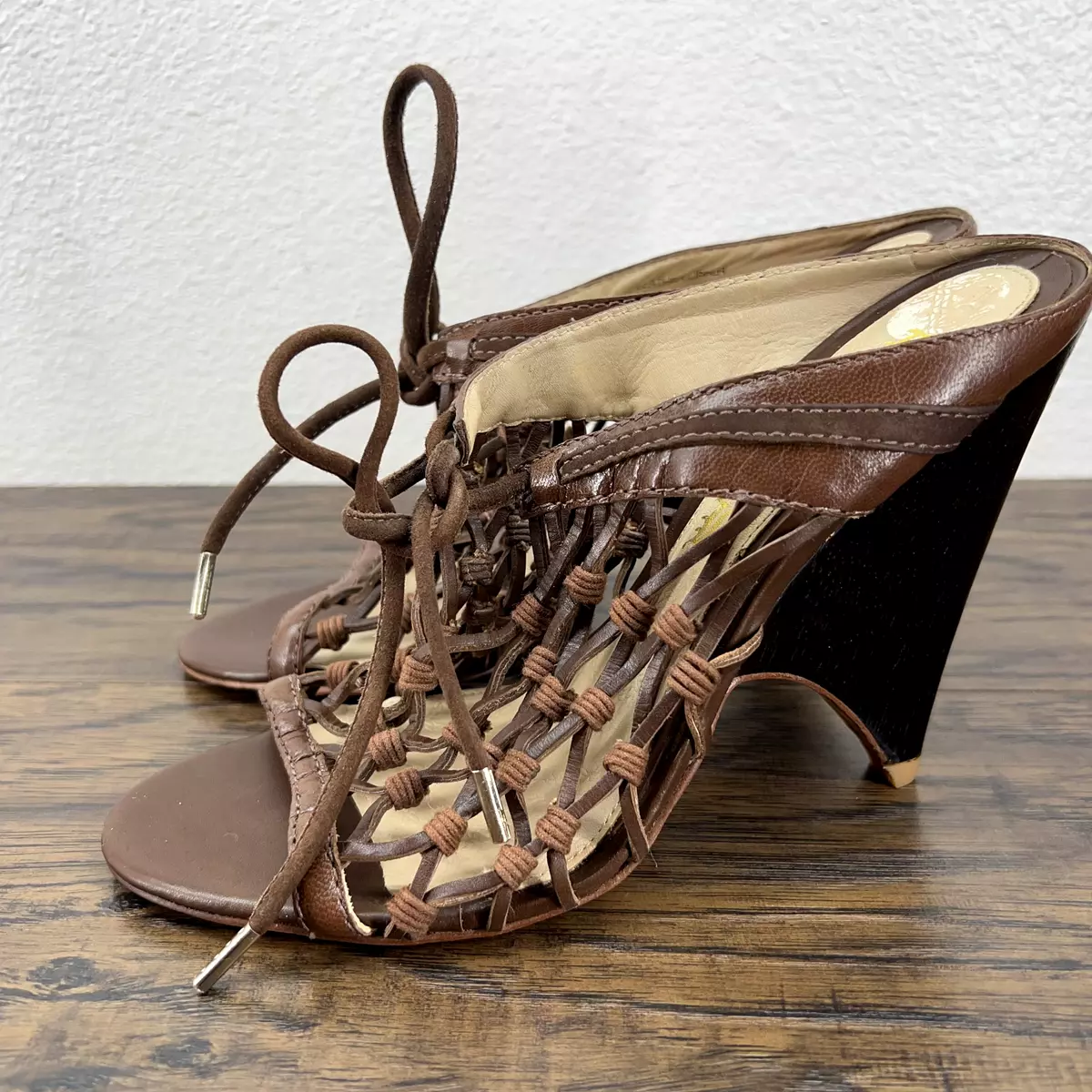 Lamb Womens Size 8M Brown Leather Caged Wedge Sandals Heels
