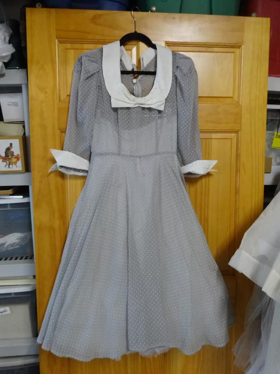 Vtg 50s flocked polk a dot Sheer Gray party dress White Collar