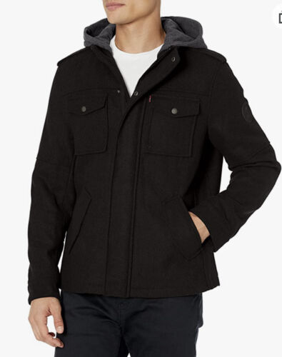Levi’s Men’s Wool Blend Hooded Military Jacket Small Black And Gray - Picture 1 of 4