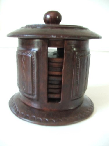 Set of 10 Brown Wooden Coasters with Brown Leather Lidded Holder Unique! - Picture 4 of 9