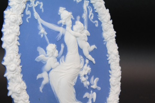 Antique Schäfer & Vater Blue White Jasperware Oval Plaque Maiden & Two Cherubs. - Picture 4 of 12